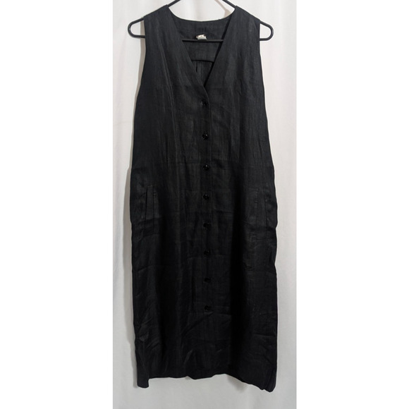 Vtg 80s Anne Klein Black Twill Sleeveless Button Up Midi Pencil Dress Size 12 Q1 - Picture 1 of 7